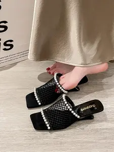 Women's Fashionable Pearl Decorated Slip on Sandals, Elegant Sandals, Casual Comfortable Square Toe Sandals for Daily Wear, Fashionable Slingback Sandals, Breathable Versatile Shoes for Women & Girls, Casual Wedge Sandal, Summer