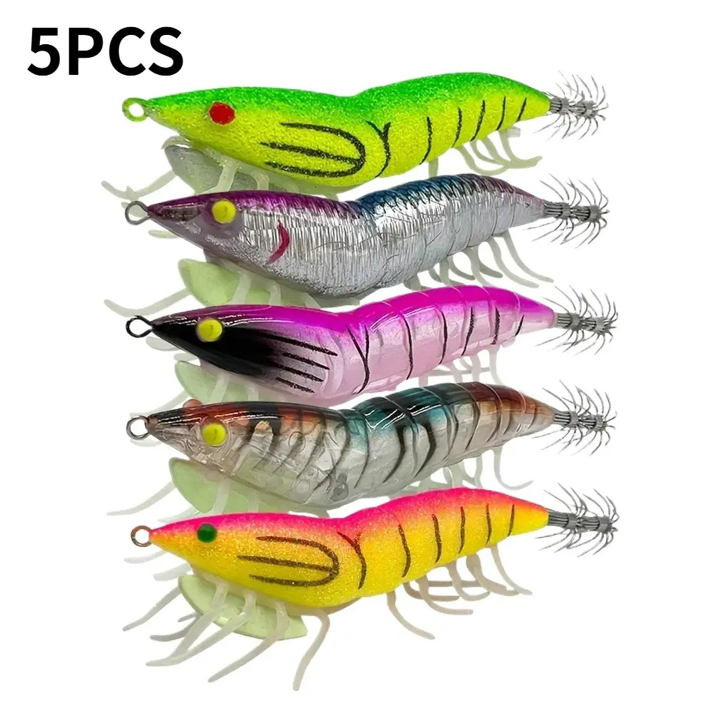 Glowing Squid Jigs, Set of 5 Pieces, Suitable for Saltwater Wooden Shrimp Fishing, Equipped with Shrimp Bait, Luminous Design, Ideal for Capturing Jellyfish and Octopus