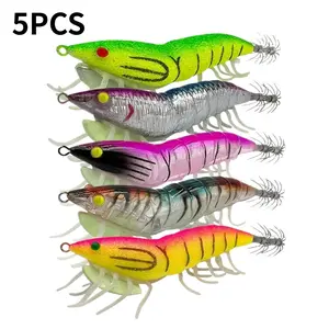 Glowing Squid Jigs, Set of 5 Pieces, Suitable for Saltwater Wooden Shrimp Fishing, Equipped with Shrimp Bait, Luminous Design, Ideal for Capturing Jellyfish and Octopus