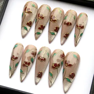 Diamond Floral Press On Nails | 3D Cat-Eyes Coated Elegant Nails | Y2K Trendy Fake Nails | Elegant Long Nails | Brown Glossy Nails K413