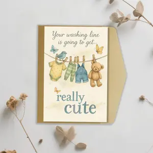 Newborn Baby Card, 8x5 Inch Congratulations New Baby Greeting Card, Cute Clothesline Design, Blank Inside with Envelope, Perfect Gift Choice