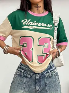 Color Block Letter & Number Print Jersey T-shirt, Y2K Retro American Raglan Sleeve Top, Loose Casual Fit, Contrast Rib Crew Neck, Viral Ins Streetwear, Casual/Street/Festival/Layering/Baddie Outfit, Versatile Colorblock Tee