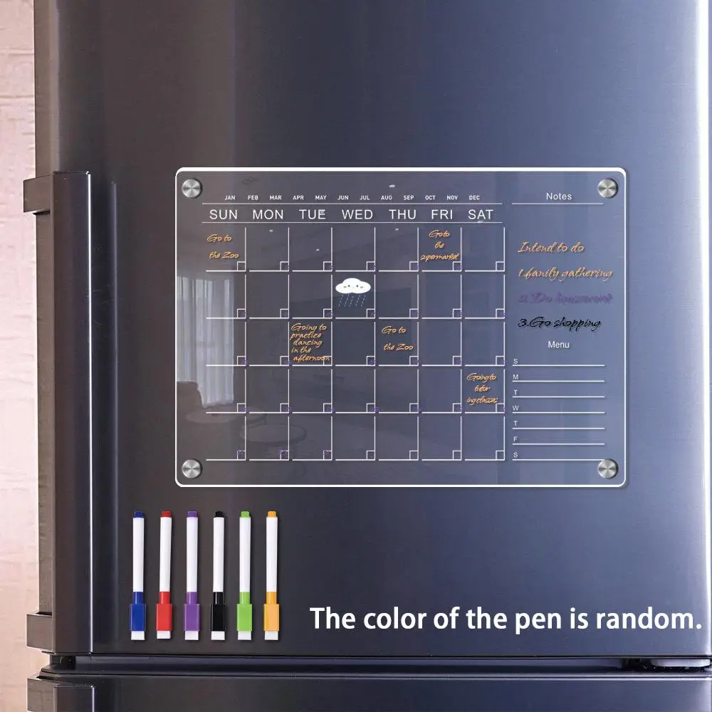 Fridge Magnetic Dry Erase Board, 1 Count Refrigerator Transparent Dry Erase Memo Board with 6 Counts Random Color Pens, Reusable Calendar Board, Offic