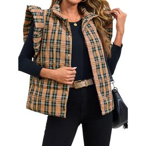Imily Bela Women's Fashion Lady Printed Cropped Plaid Puffer Vest - Ruffle Sleeveless, Lightweight Quilted Padded Gilet with Buttons, Casual Outerwear for Fall Winter Outdoor Outfits (Pairs with Leggings, Skirts; Complements Coats)