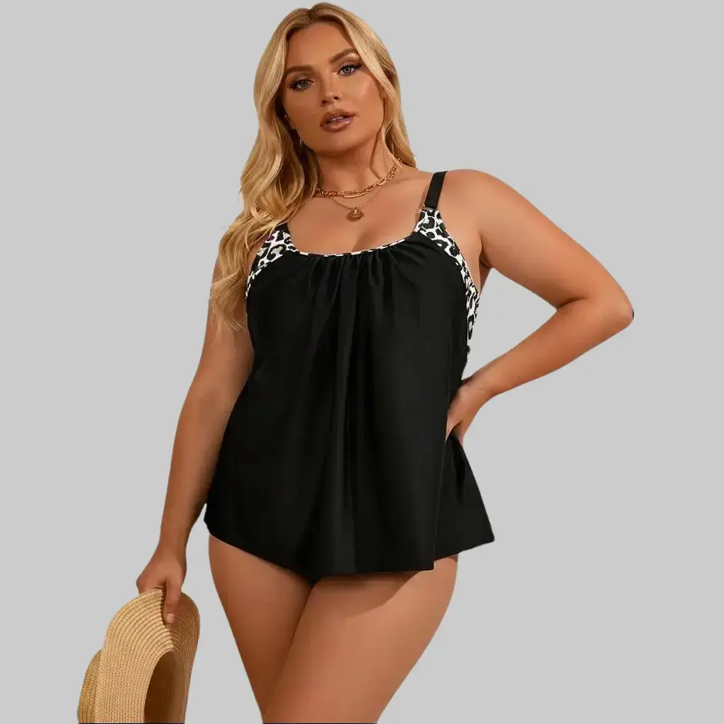 Women's Plus Size Rash Guard Tankini Set, Elegant Leopard Print Resort Wear with Tummy Control and Split Hem, UV Protective Polyester Knit, Cheetah Print, Plus Size Fashion, Knit Fabric, Elastane, High Stretch, Animal Graphic Women's Tankinis Set