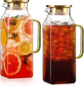 2 Pack 2 Liter/68 Oz Square Glass Pitcher with Lid, Classic Stripes Water Pitchers with Handle for Fridge, Large Jug for Iced Tea, Coffee, Borosilicate Glass Carafe for Hot/Cold Brew Drink, Gold Snuvid