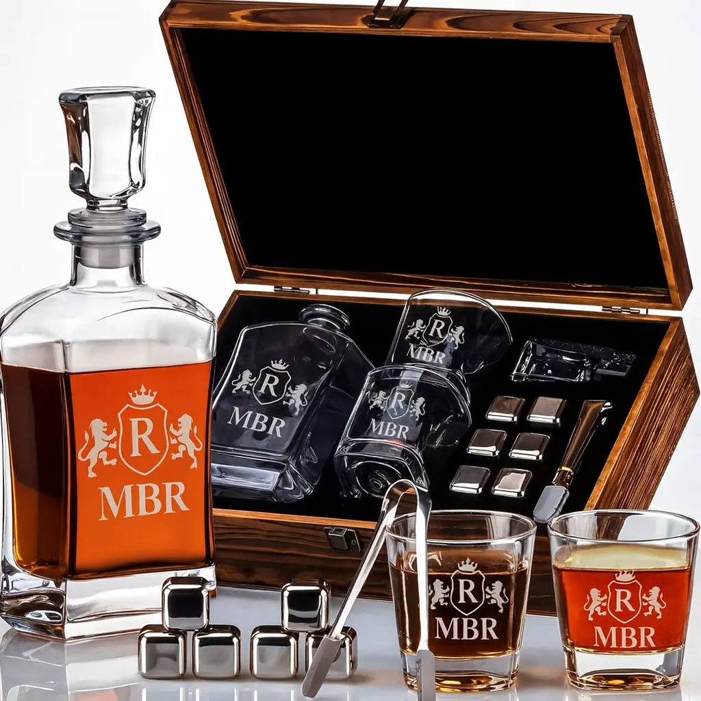 MBR Design Whiskey Gentleman Set with Decanter, Glasses, Jigger, Spoons, Shaker, Scale in Elegant Wooden Box - Bar & Wine Utensils, Whiskey Decanter Sets, Dad Gifts