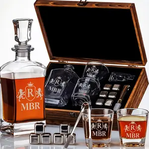Whiskey Gentleman Set , Glasses, & Accessories in Elegant Wooden Box - MBR Design Utensils Jiggers Container Spoons Shaker Scale