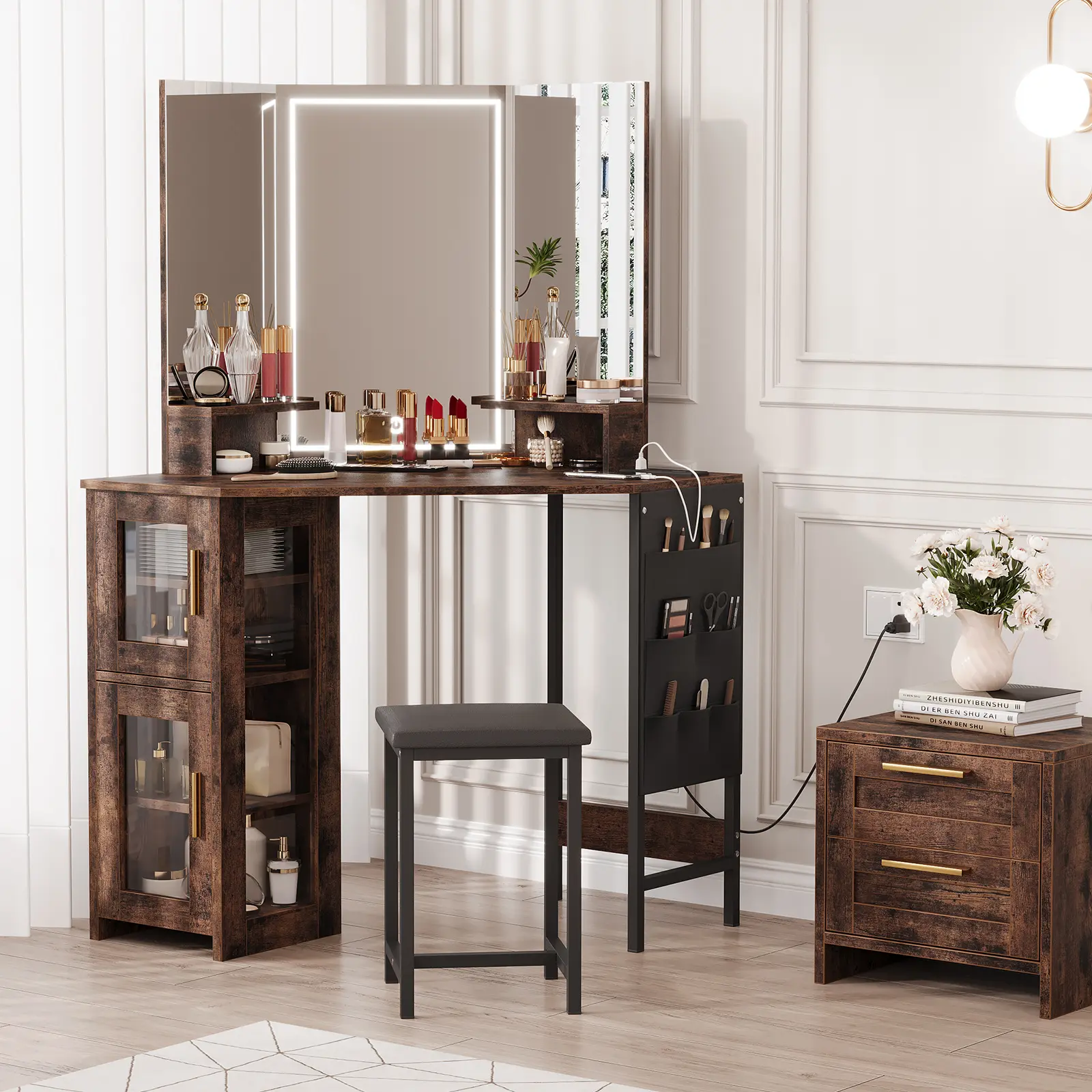 Gaomon Corner Stylish Illuminated Adjustable Multi-Function Makeup Vanity Table with LED Lighted Mirror, Vanity Charger Station, Cabinet Storage Organizer, and Included Stool, Stylish Makeup Vanities, Vanity With Charger