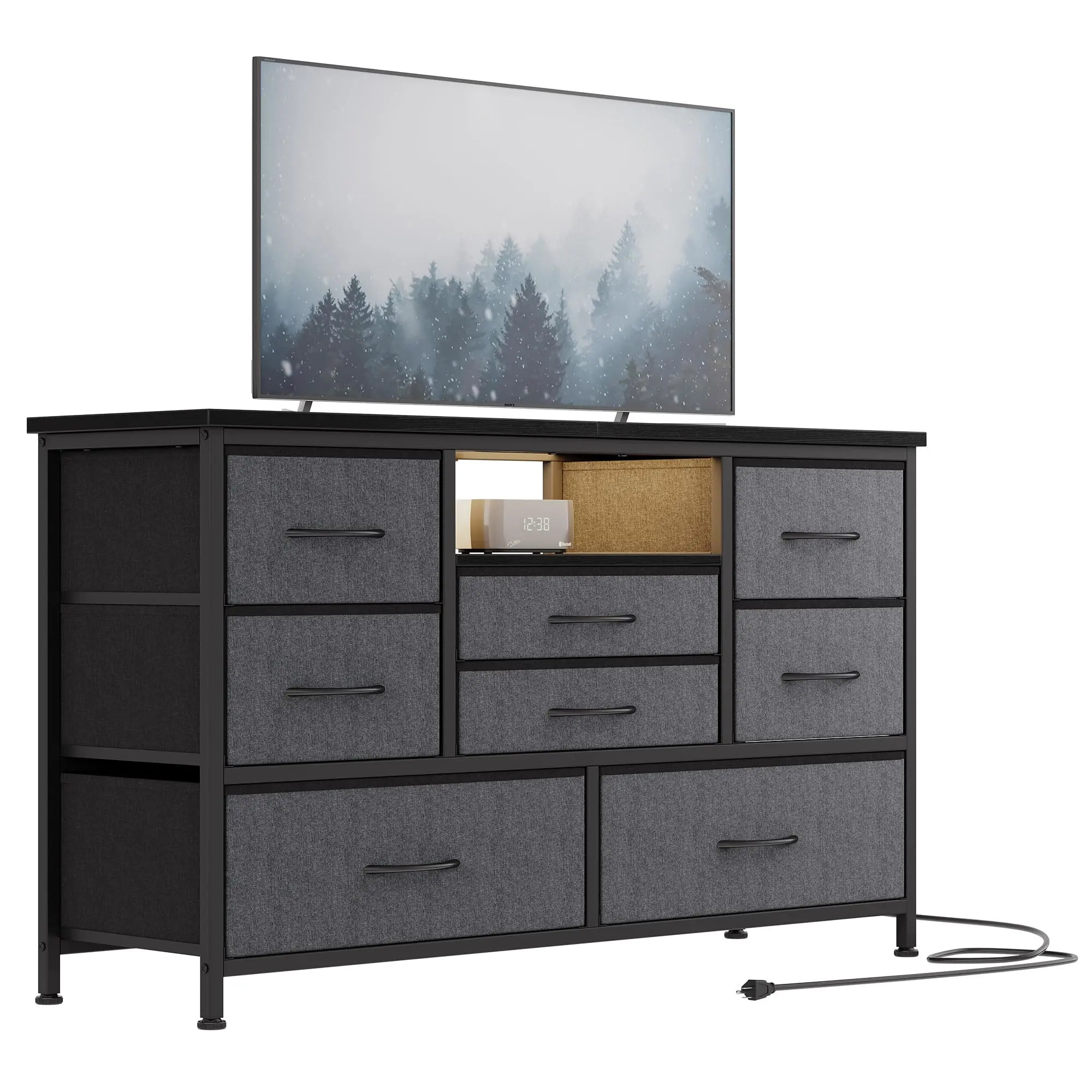 【GARVEE】8-Drawer Fabric Dresser + 55'' TV Stand + AC Outlets + USB Ports + MDF & Polyester + Lightweight + Bedroom, Living Room