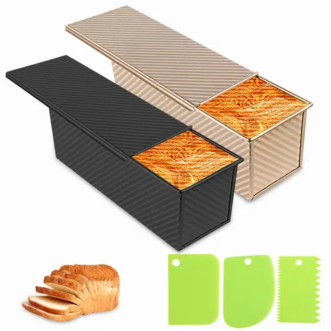 Spmarkt Carbon Steel Pullman Bread Loaf Pans, 2-Piece 13-Inch Gold & Black PTFE-Free Non-Stick Pans with Lids, 2.2lb Capacity, Corrosion-Resistant, Rust-Resistant, Durable, Non-Slip, Oven-Safe for Family Baking