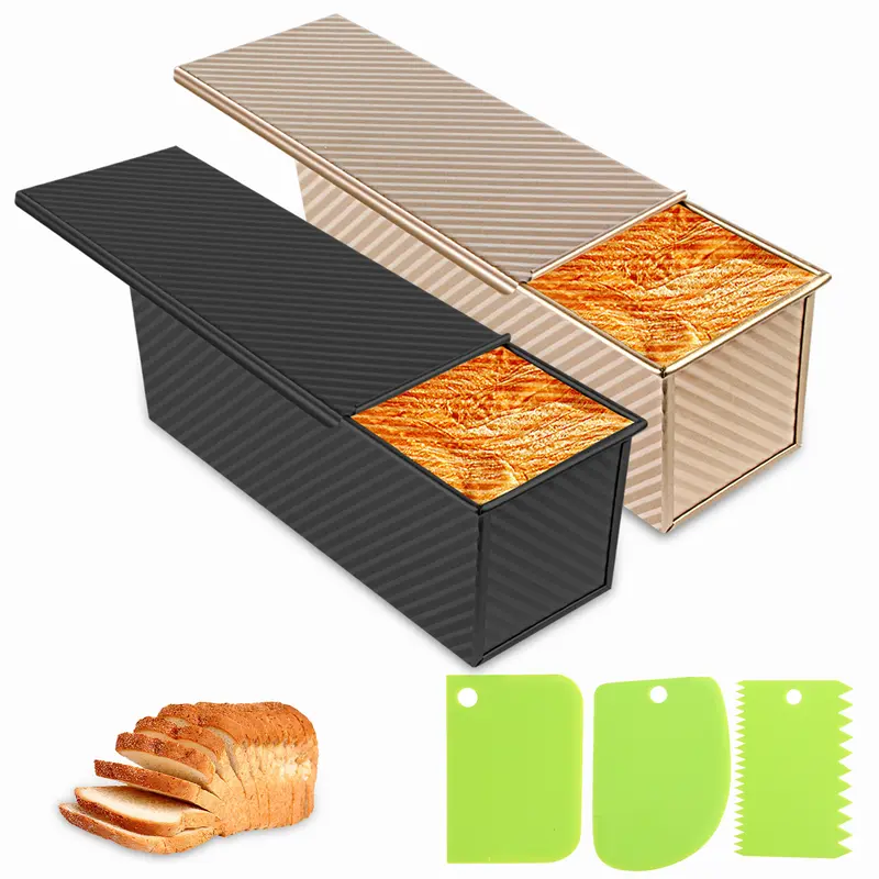 Spmarkt Carbon Steel Pullman Bread Loaf Pans, 2-Piece 13-Inch Gold & Black PTFE-Free Non-Stick Pans with Lids, 2.2lb Capacity, Corrosion-Resistant, Rust-Resistant, Durable, Non-Slip, Oven-Safe for Family Baking