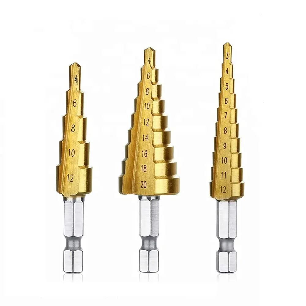 Step Drill Bit Set, 3PCS Titanium HSS Unibit with 1/4" Quick Change Hex Shank, Impact Ready Step Bits for Sheet Metal Wood Plastic Aluminum, 24 Step Sizes 3-12mm/4-12mm/4-20mm + Storage Bag