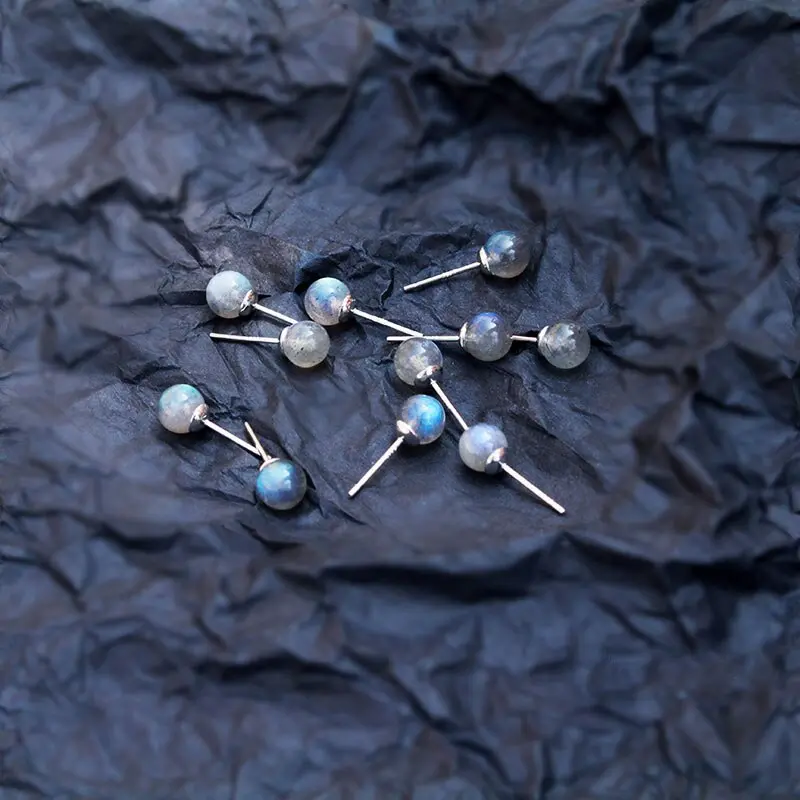 Mini Blue Moonstone 5mm Beads Sterling Silver Dainty Simple Minimalist Healing Crystal Stud Earrings