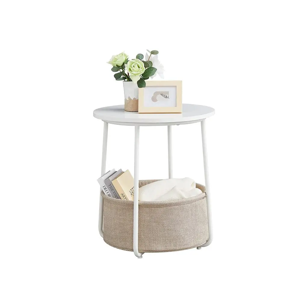 VASAGLE Modern Matte White Round Nightstand, Linen Texture Indoor Side Table with Fabric Basket for Bedroom VASAGLE Modern Matte White Round Nightstand, Linen Texture Indoor Side Table with Fabric Basket for Bedroom