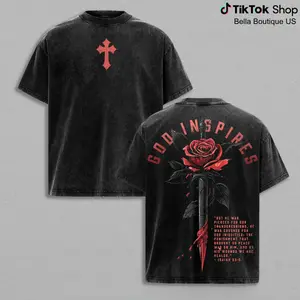 God Inspires Rose Sword Washed T-Shirt, Isaiah 53:5 Bible Verse Christian Graphic Tee, Jesus Apparel Faith Streetwear Shirt, Vintage Religious Rose Cross Inspired Top, Heavy Cotton Unisex Gift For Believers