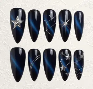 Dark Blue Cat Eye Nail Art With Shooting Star Design 3D Nails, Galaxy Star Press On Nails