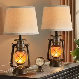18.72" LED  Lantern Flickering Flame Table Lamps for Bedrooms Set of 2, Small Farmhouse Rustic  End Table Lamps, Halloween Decorative Lantern Bedside Lamps for Living Room