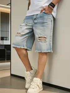 Men's Loose Thin Denim Shorts, Ripped Casual Fashion Pants, Classic Style Five-Quarter Length, Comfortable and Trendy
