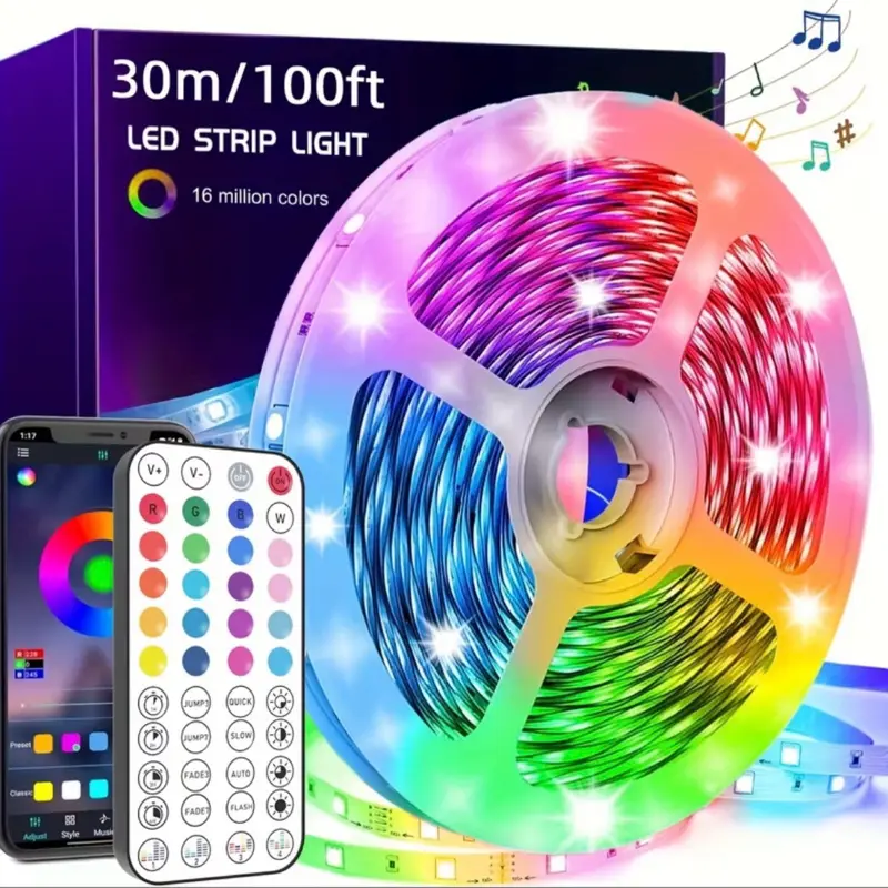 16ft-200ft Led Strip Lights RGB Music Sync for Bedroom, Bluetooth Christmas Lights with Smart App and  Remote Control Indoor Lighting, for room decorating party decor