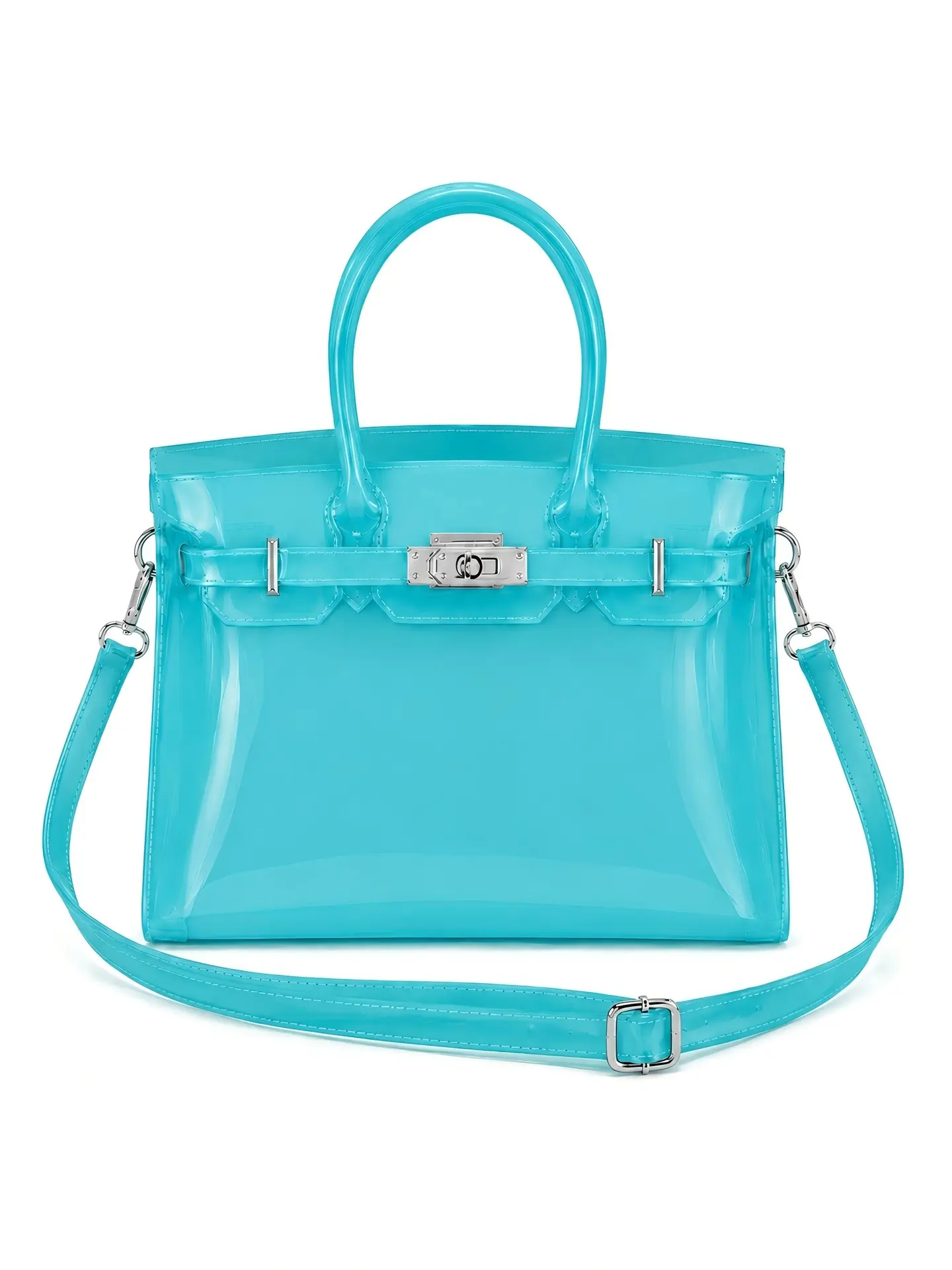 Structured glossy jelly tote bag with detachable crossbody strap; waterproof beach bag; concert-friendly clear handbag; stylish crossbody bag.