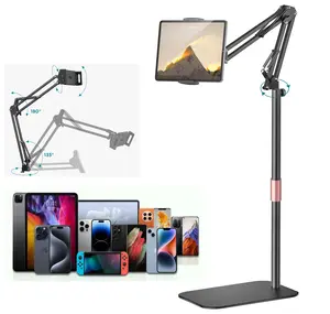 Tablet Floor Stand With Weight Base, Overhead Bed Phone Mount Height Adjustable Arm Stretchable Stand Holder, Compatible With For 4.5''-10.2'' Tablet