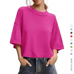 Lady's Minimalist Short-Sleeve Knitting Top - Basic Casual Loose Round Neck Lightweight Oversized Cropped Sweater for Summer