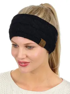 C.C Soft Stretch Winter Ear Warmer Headband, Black: Warm Cable Knit with Fuzzy Lining