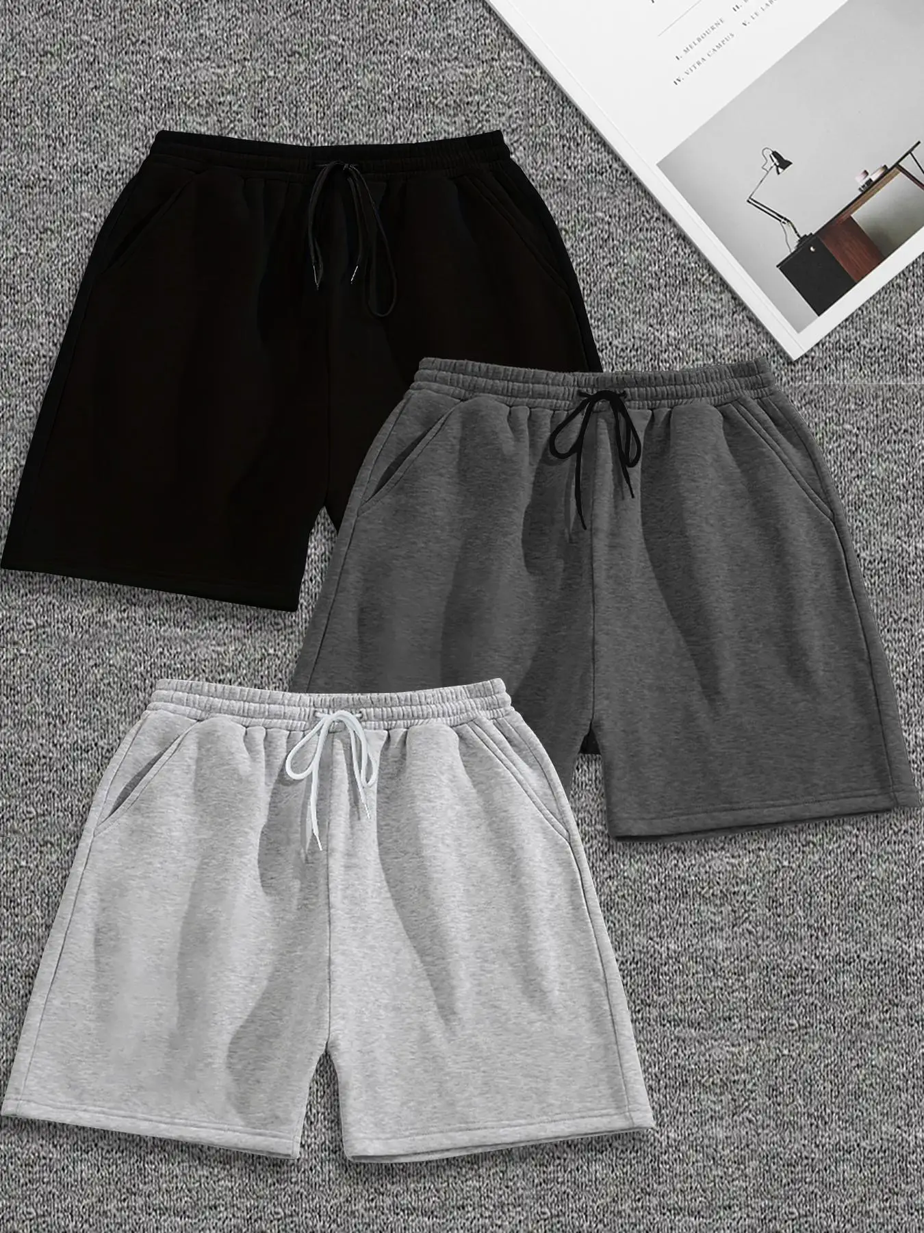 Men's Solid Drawstring Waist Shorts Set, Casual Comfy Straight Leg Shorts for Summer, Street Bottoms for Men