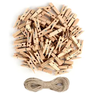 Mini Clothespins, 100 Pcs 1.4 Inch Mini Clothespins for Photos with 10m Jute Twine, Small Photo Clips Mini Clothes Pins Wooden, Mini Wooden Clothespins Hang Wedding Party Crafts