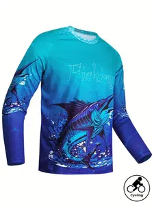 Men's 3D Digital Print Long Sleeve Sun Protection Shirt, Quick Dry Breathable Polyester, Round Neck Sports Top for Fishing Hiking Running, Athletic Apparel