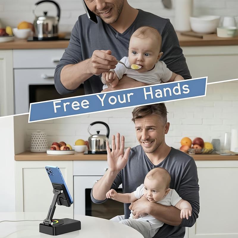 Wireless Audio Bluetooth Speaker 5in1 Phone Holder Emergency Rechargeable withColorful Ambient Light 300° Foldable for Tablet iPhone Android, Gifts for Men Women ，Black