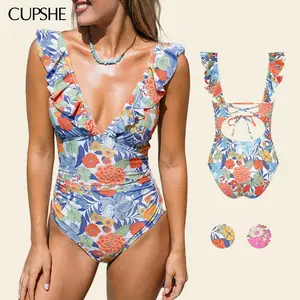 CUPSHE TikTokShopSpringGlowUp Floral Plunging Flutter Strap Tummy Control One-Piece Swimwear Removable Soft Cups Back Cutout Summer Swimsuit (XS-XXL) Swimming Bathing Suits