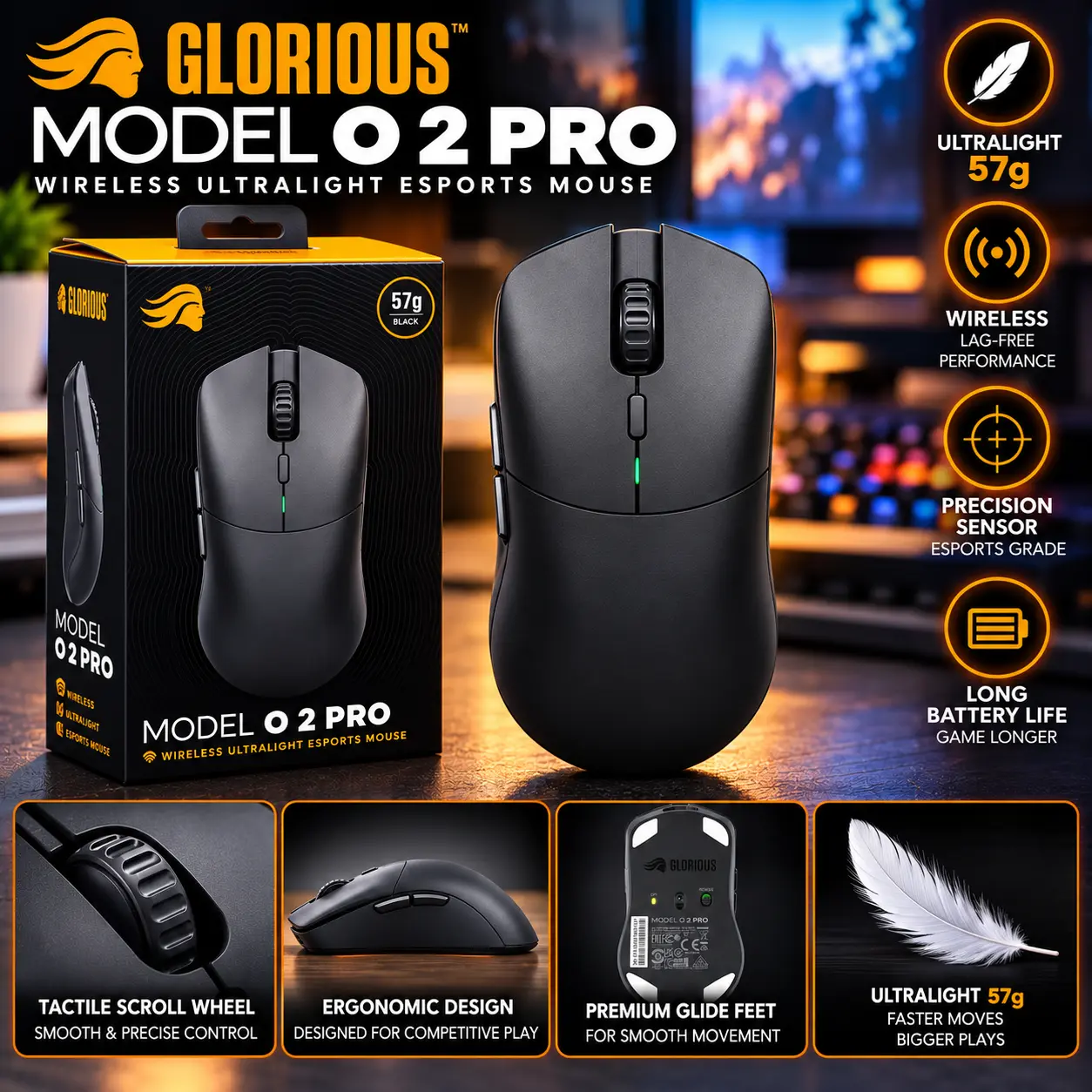 Glorious Model O2 Pro Wireless Ultralight Esports Mouse 57g Black Gaming Mice Glorious