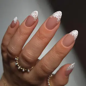 Elegant French Almond Press-On Nails | White 3D Floral Design | Handmade