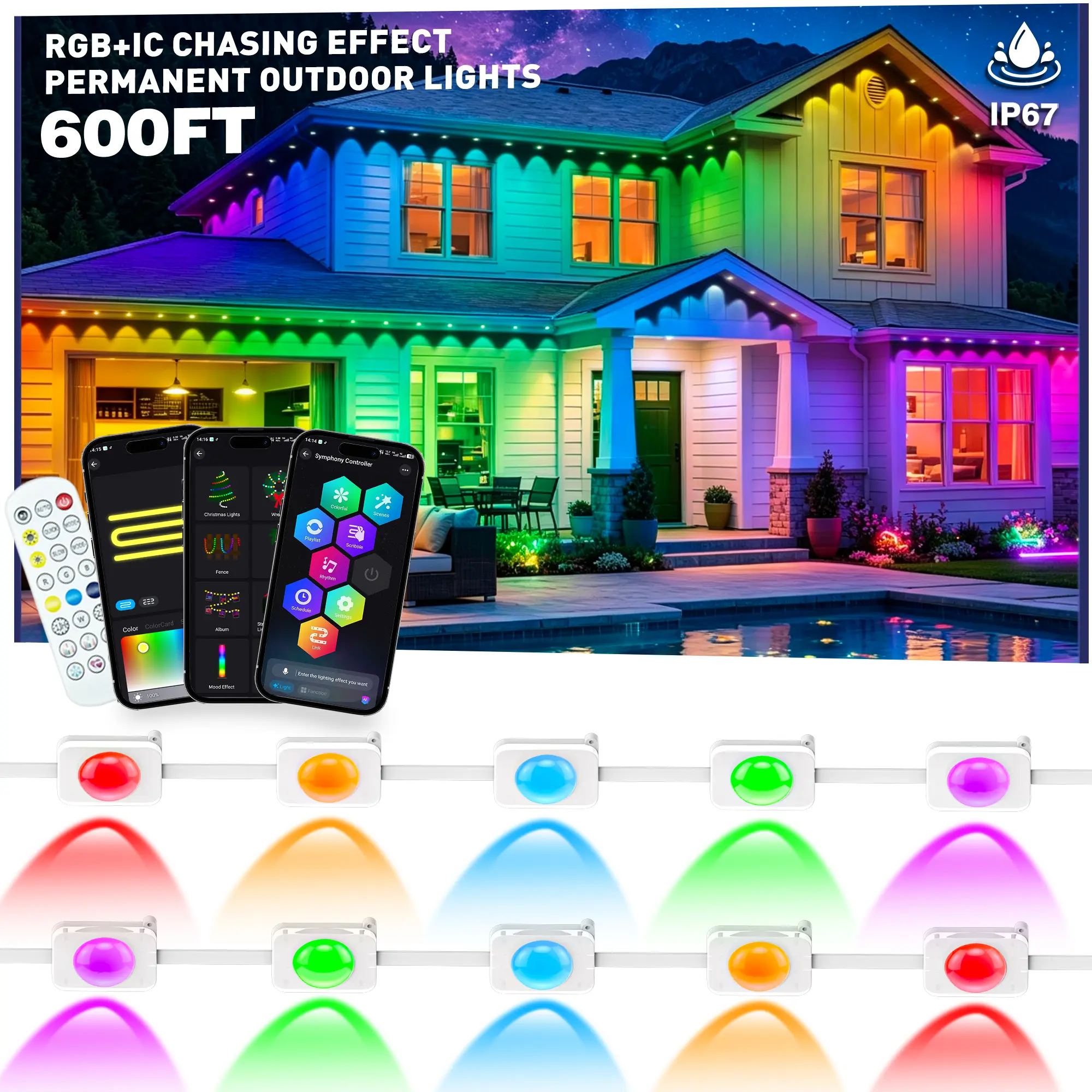 Permanent Outdoor Lights RGB IC Waterproof with Smart App Control Remote,DIY Scene Modes,Music Sync hronization,Eaves Lights for Garden Decor,Deck,Christmas homemakeover