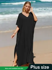 Plus Size Side Split V Neck Batwing Sleeve Kaftan Dress, Summer Clothes Women, Casual Long Sleeve V Neck Half Sleeve Loose Dress for Outdoor Beach Wear, Plus Size Women's Clothing, Women's Clothing for Summer, Womenswear
