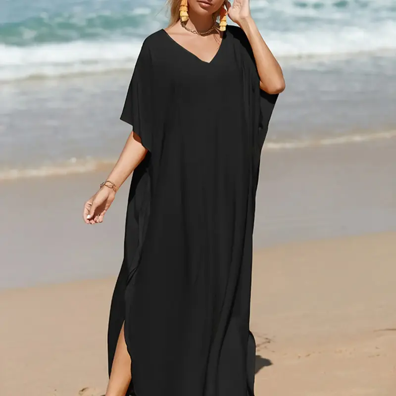 Plus Size Side Split V Neck Batwing Sleeve Kaftan Dress, Summer Clothes Women, Casual Chic Dress, Casual Long Sleeve V Neck Half Sleeve Loose Dress for Outdoor Beach Wear, Plus Size Women's Clothing, Women's Clothing for Summer, Womenswear