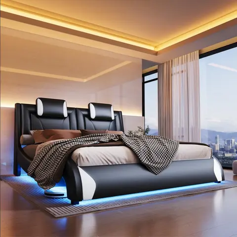 AMERLIFE Bed Frame with LED Lights, Remote&APP Control, Modern Faux Leather Upholstered Bed with Headboard, Wave Like Curve Design, Safety&Comfy, No Box Spring Needed/Luxury Furniture/Full/Queen Size/Christmas Gifts[TikTokShopFallDealsForYou]