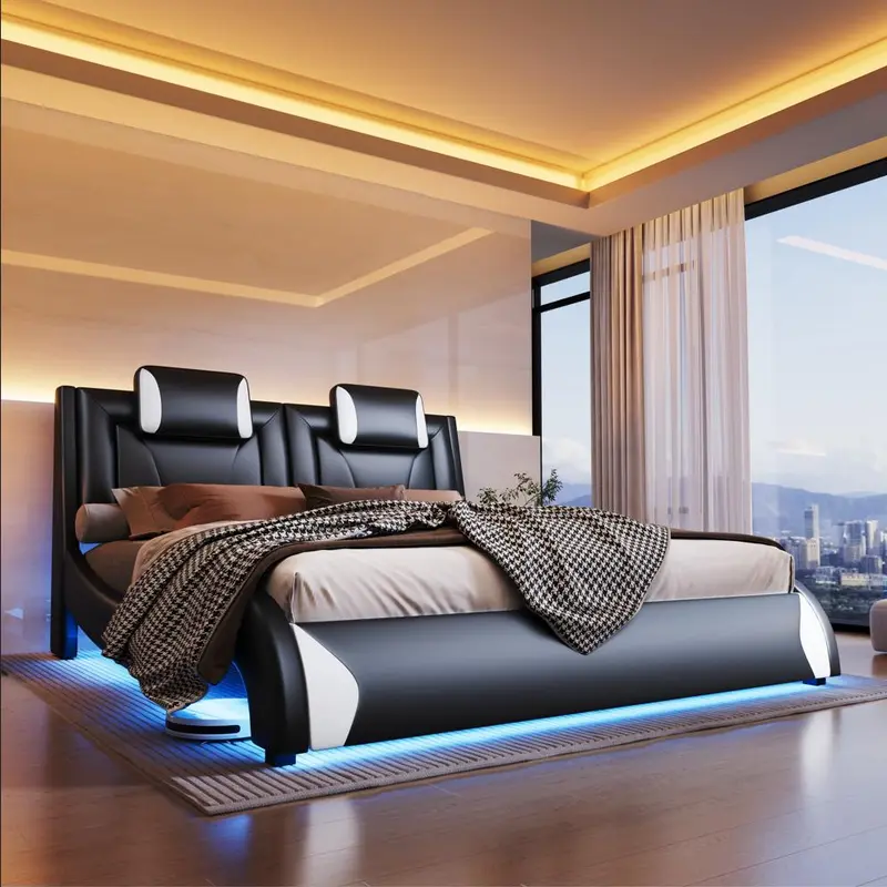 AMERLIFE Bed Frame with LED Lights, Remote&APP Control, Modern Faux Leather Upholstered Bed with Headboard, Wave Like Curve Design, Safety&Comfy, No Box Spring Needed/Luxury Furniture/Full/Queen Size/Christmas Gifts[TikTokShopFallDealsForYou]