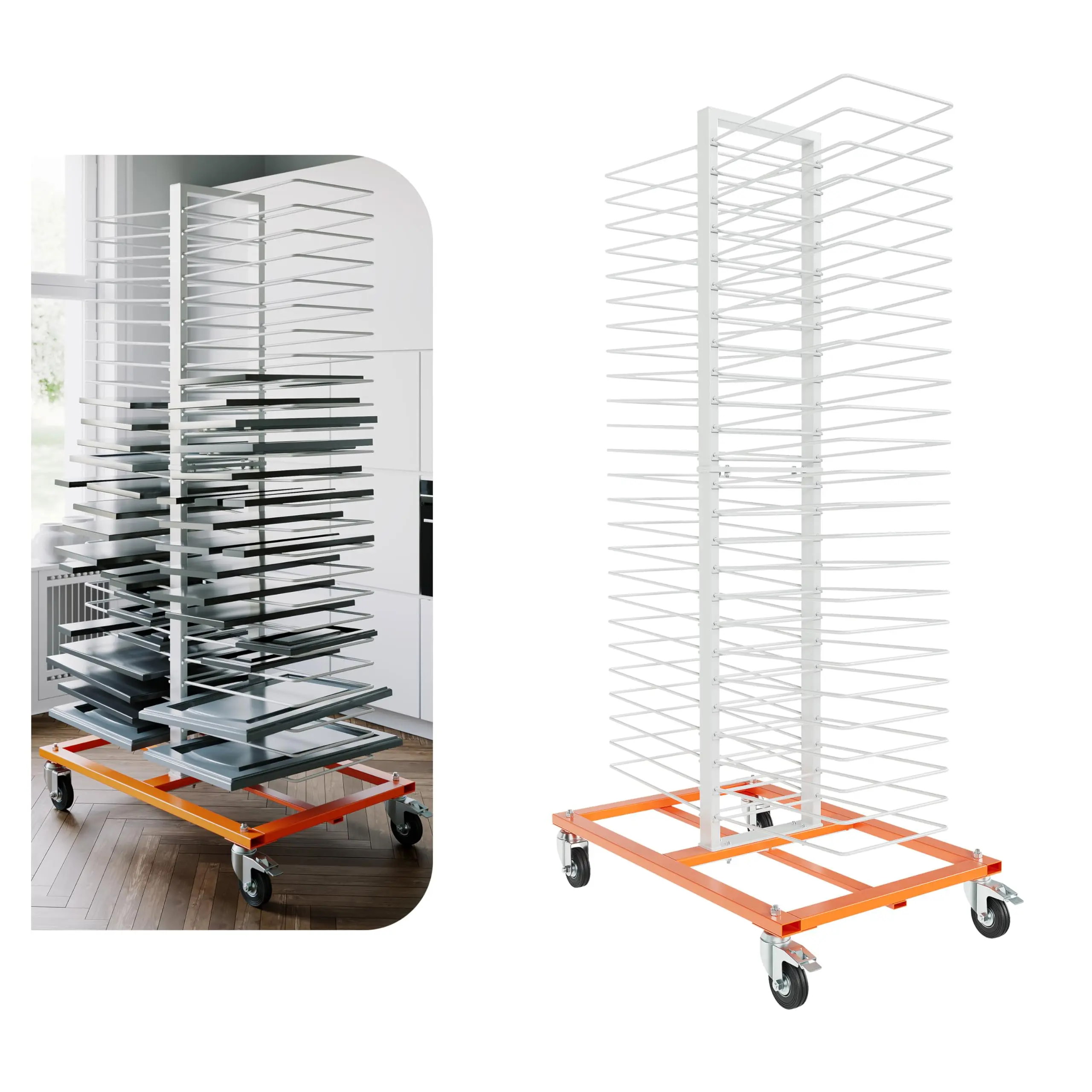 KQQIO Heavy-Duty Alloy Steel Paint Drying Rack - 50-Shelf Rolling Cart with Installation Accessories, 25lbs Per Shelf Capacity, Movable Space-Saving Organizer for Workshop, White
