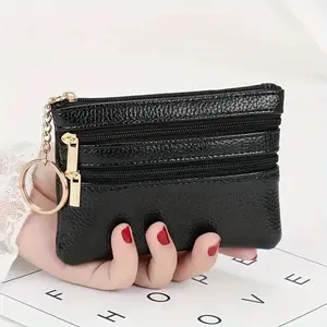 Mini solid color coin zipper wallet, minimalist textured coin purse, multifunctional lightweight women's card holder, portable keychain clutch, multifunctional storage bag with key ring