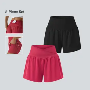 Halara 2-Piece Set SoftlyZero Airy Super High Waisted 2-in-1 Cool Touch Yoga Shorts & Crossover High Waisted 2-in-1 Cool Touch Yoga Shorts with Pockets
