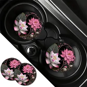 2Pcs Lotus Flower Yin Yang Car Coasters, Aesthetic Pink Floral Non-Slip Silicone Cup Holder Mat, Universal Zen Yoga Vehicle Interior Decor, Healing Gift for Women