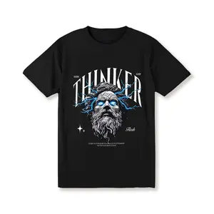 Men'S "THINKER" Graphic T-Shirt – Black Casual Summer Tee With Vibrant Blue Accents, Loose Fit, Round Neck, Streetwear Style, Everyday Tshirt |   Graphic Tee |   Glossy Fabric