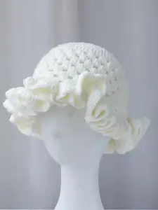 Women's Handmade Crochet Hollow Out Breathable Wave Edge Knit Beanie Hat, Leaf Trim Fisherman Cap for Summer Beach Bikini Adjustable Hat