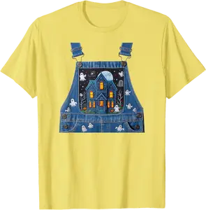 Ghosts Haunted House Blue Color Overall Printed On A Yellow T-Shirt - Judithca Shop 40B0DJSMZRVP