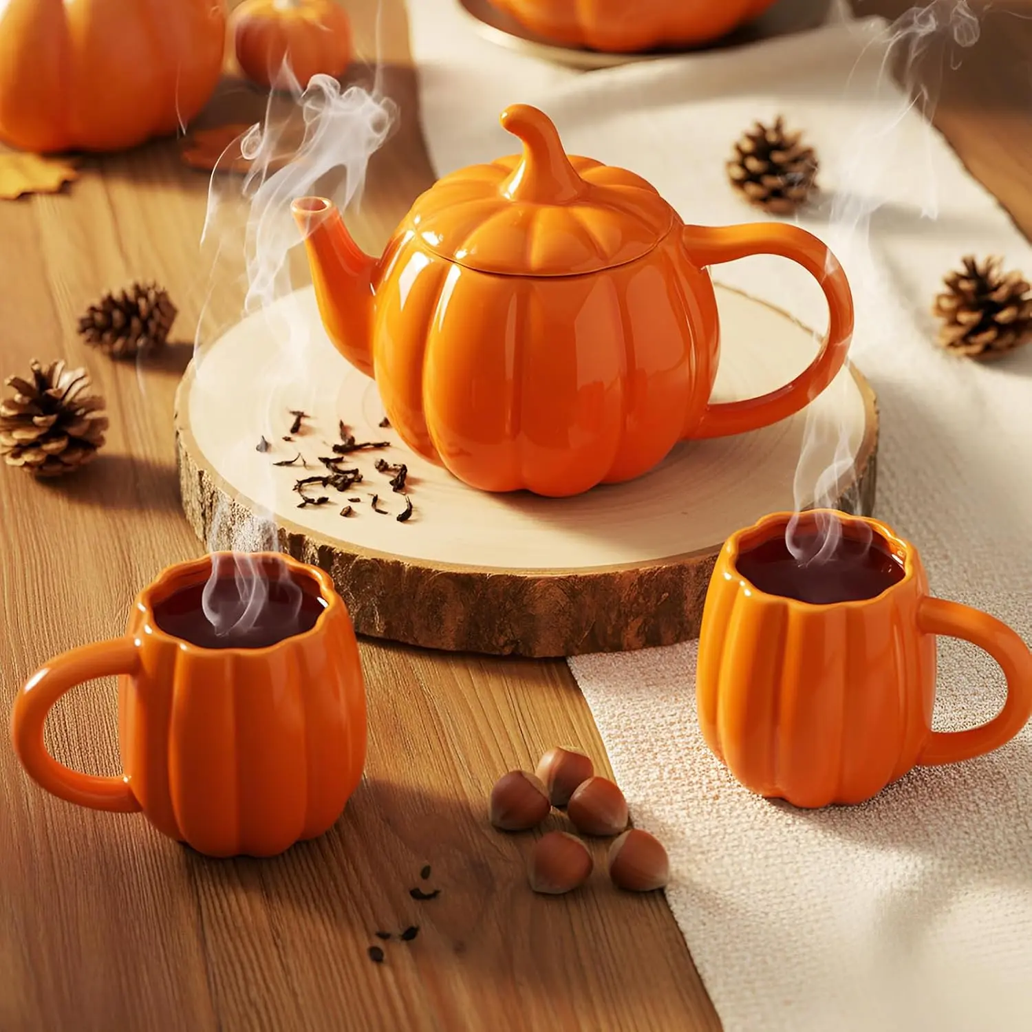 Classic Ceramic Pumpkin-Shaped Teapot Set - 42 oz Handled Teapot, 2 Mugs, 2x3.54in Cups, Smooth Surface Orange Kitchenware for Holidays, Gift for Teachers