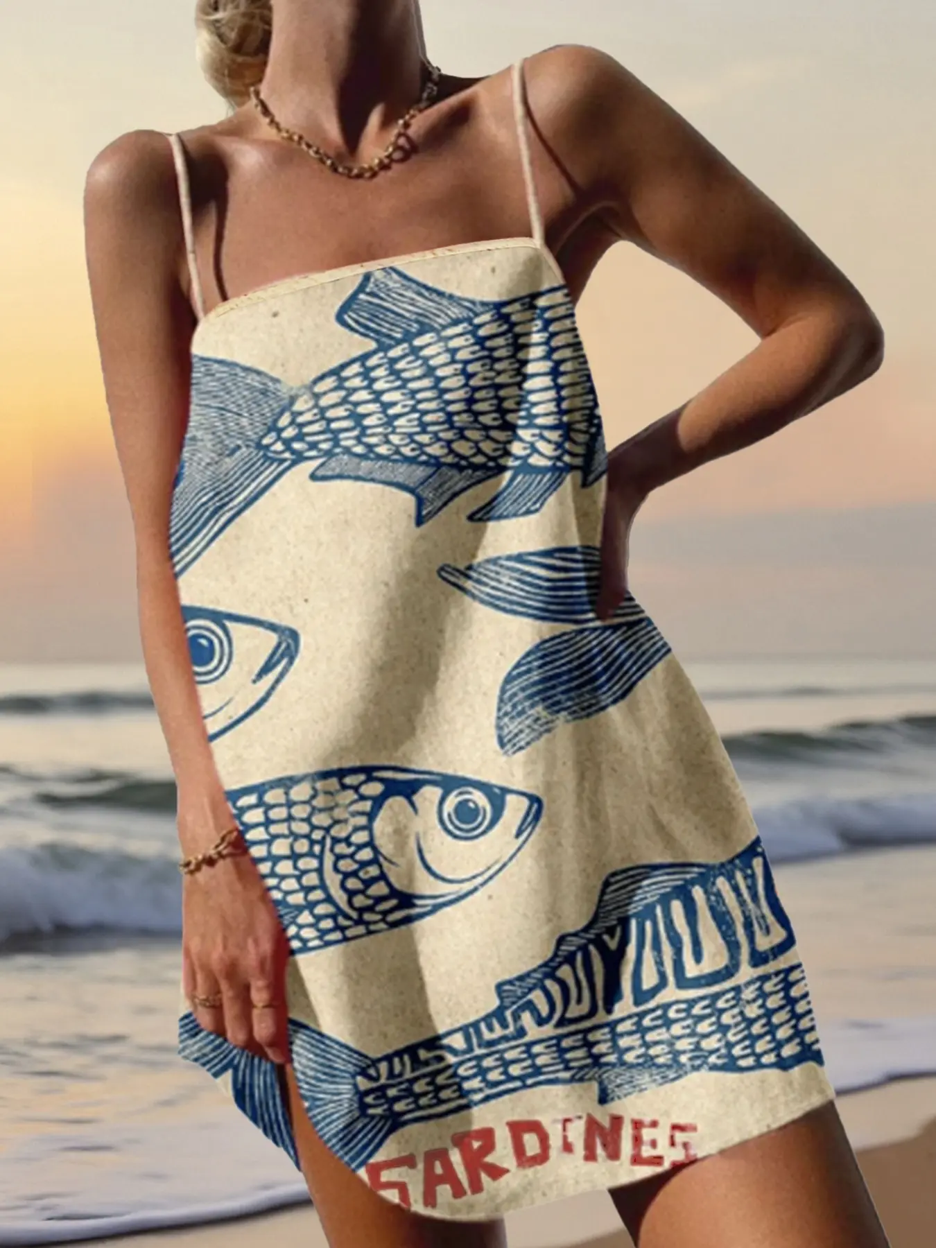 Women's Sardine Print Suspender Dress, Casual Feminine Boho Sleeveless  A-line Dress for Tropical Beach Holiday Vacation, Ladies Womenswear Summer  Clothes Beachwear - TikTok Shop