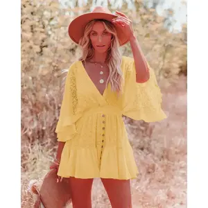 Summer New Women's Lace Stitching Batwing Sleeve Dress Boho Floral Batwing Mini Dress